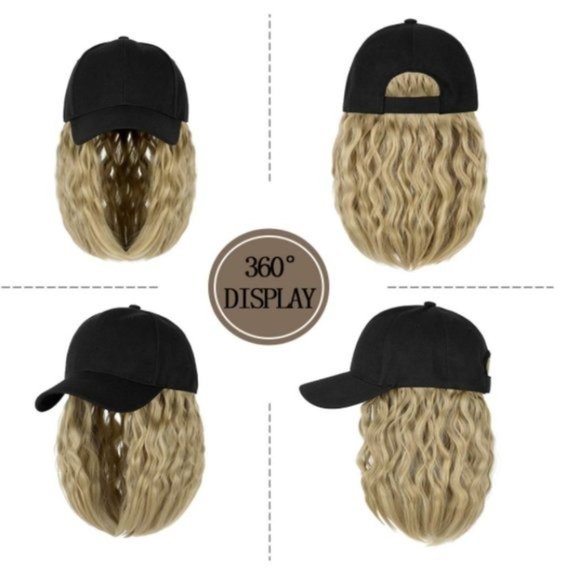Baseball Cap Hat Wig Short Wavy Bob Ash Blonde - Picture 1 of 4
